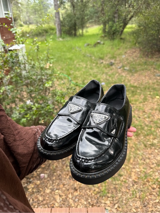 Prada Shoes - Prada Black Patent Leather Women's Loafers with Triangle Logo